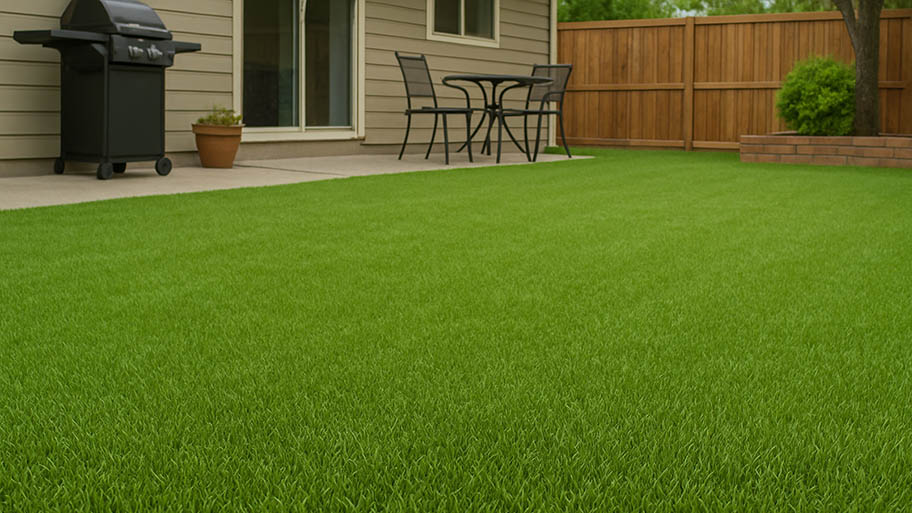 Backyard with lush synthetic grass, patio furniture, grill, and wooden privacy fence.
