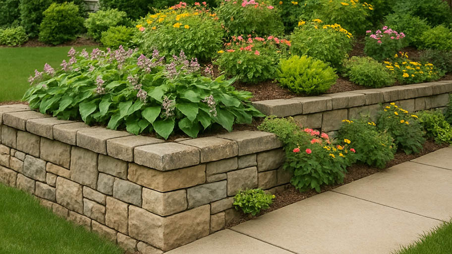 A tiered stone block retaining wall forms a raised garden bed with colorful perennials next to a concrete sidewalk.