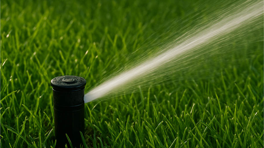Close-up of pop-up sprinkler head watering a healthy green lawn.