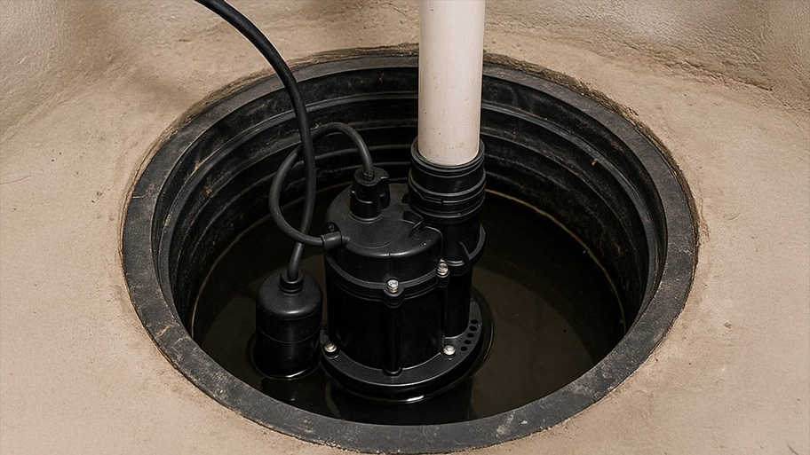 Close-up of a black submersible sump pump in a basement pit with discharge pipe.