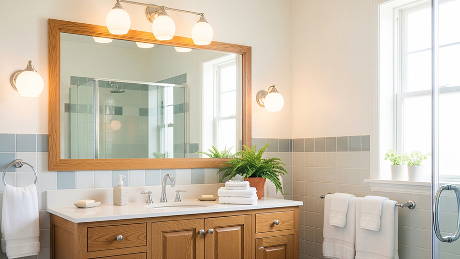 A clean, modern bathroom with a wooden vanity, a large framed mirror, and a double-stacked towel rack with fluffy white towels