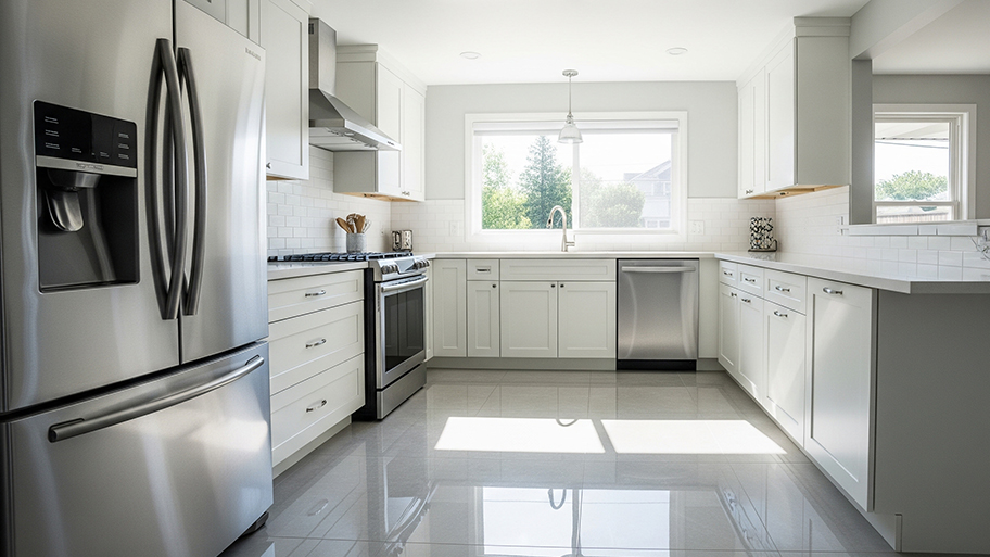 A pristine, modern kitchen with white cabinets, light gray tile floors, a stainless steel refrigerator, and a sink with a large window