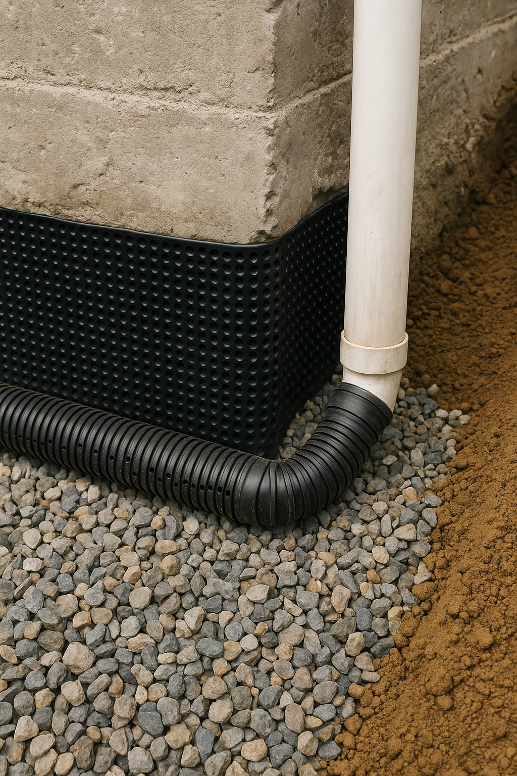 Close-up of a foundation drainage system with perforated black pipe connected to a white downspout over gravel