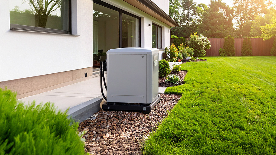 A residential backup generator sits on a concrete slab next to a modern white house with a green lawn