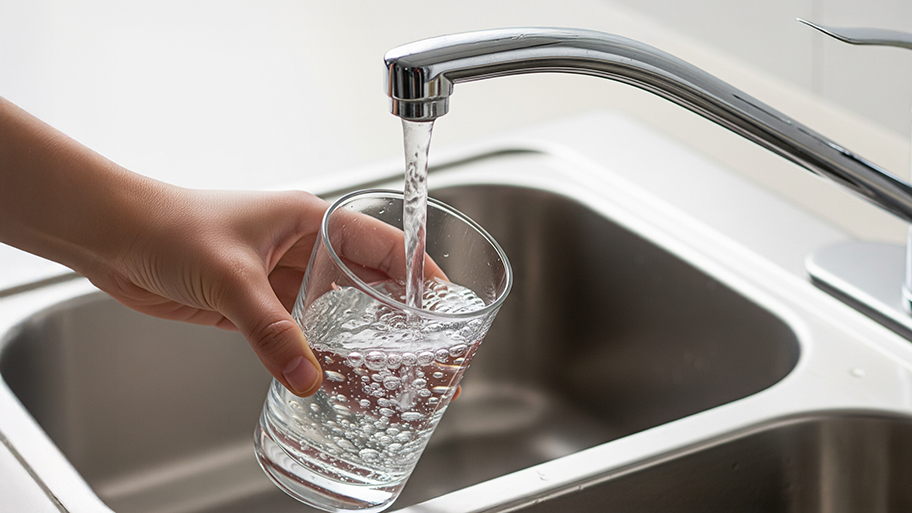 A hand holds a clear glass under a running faucet, filling it with water in a stainless steel kitchen sink