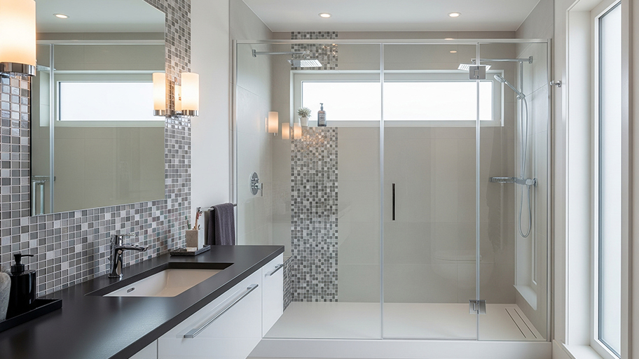 Modern gray-tiled bathroom with glass shower enclosure, mosaic accent strip, and black countertop vanity