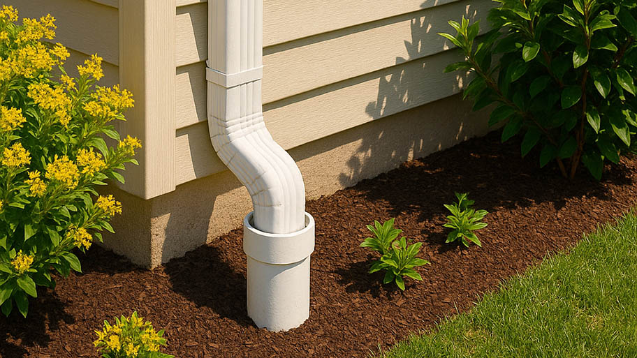White siding corner with a downspout draining through a PVC elbow above mulch and green shrubs