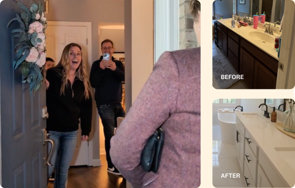 A woman reacts with surprise and joy at her front door while being filmed. Beside her, before-and-after photos show a bathroom transformed from dark cabinets and cluttered counters to sleek white cabinets, clean counters, and black fixtures.