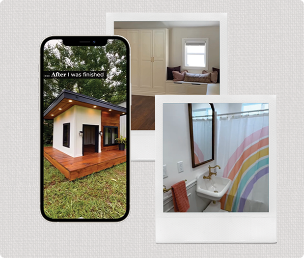 A phone displays a small modern white dog house with wood accents and a deck, captioned “After I was finished.” Behind it, two photos show an interior window seat with cabinets and a bathroom with a rainbow shower curtain and gold faucet.