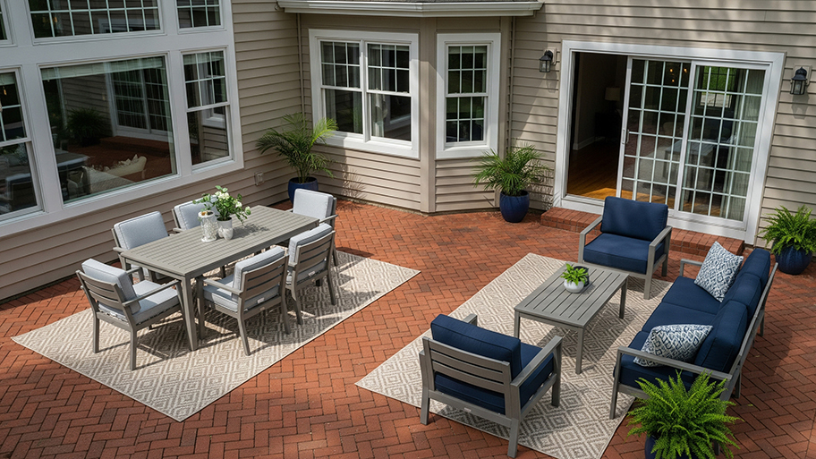 Brick paver backyard patio with a dining table and navy cushioned seating arranged on outdoor rugs.