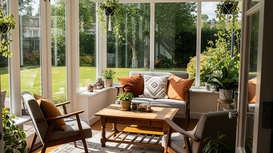 A light-filled sunroom with a couch and chairs surrounded by windows overlooking a lush green yard.