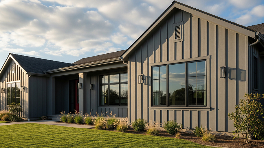 Modern gray board-and-batten house exterior with large windows and a manicured lawn at golden hour.