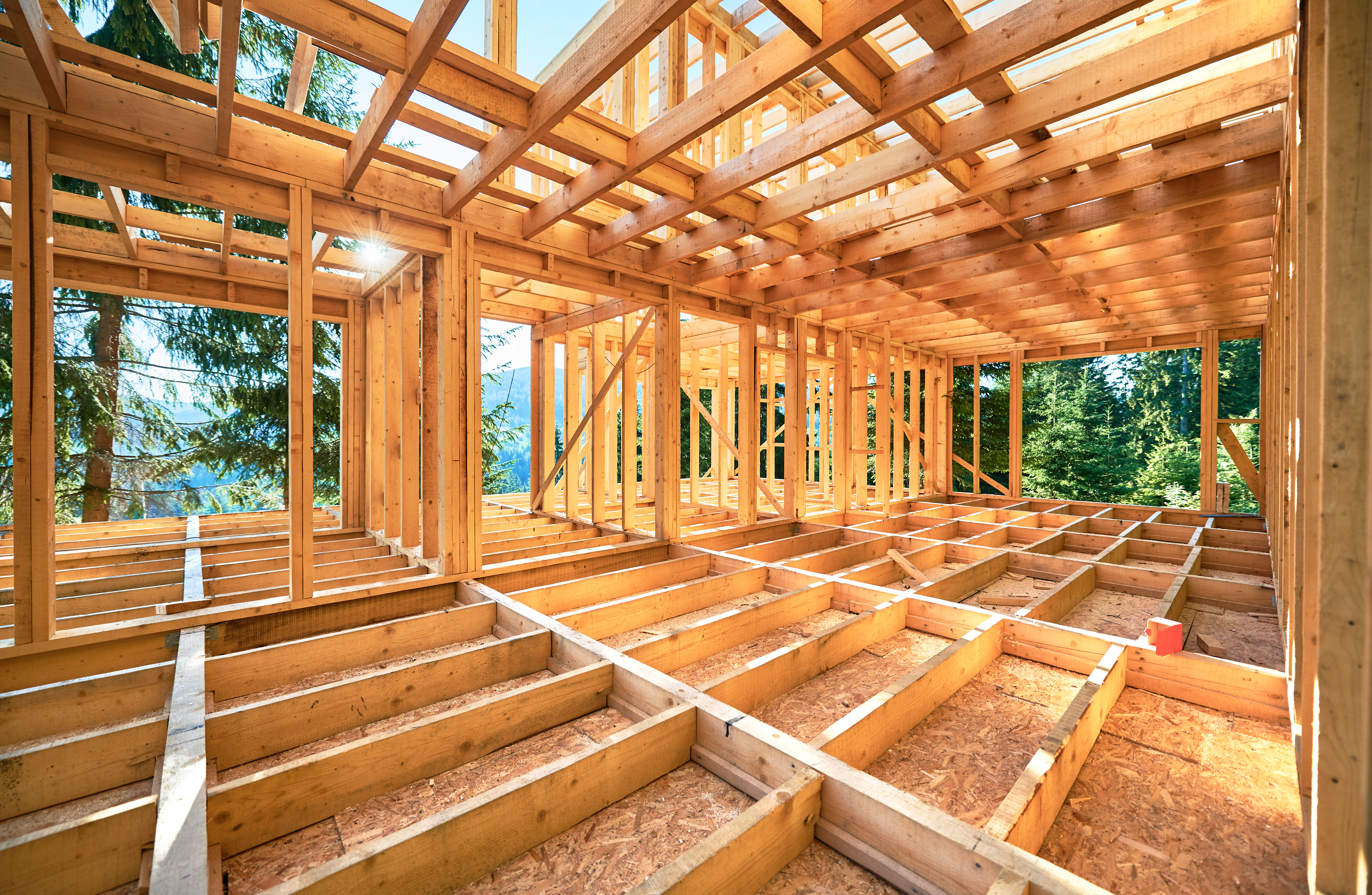 House framing showing wooden floor joists  
