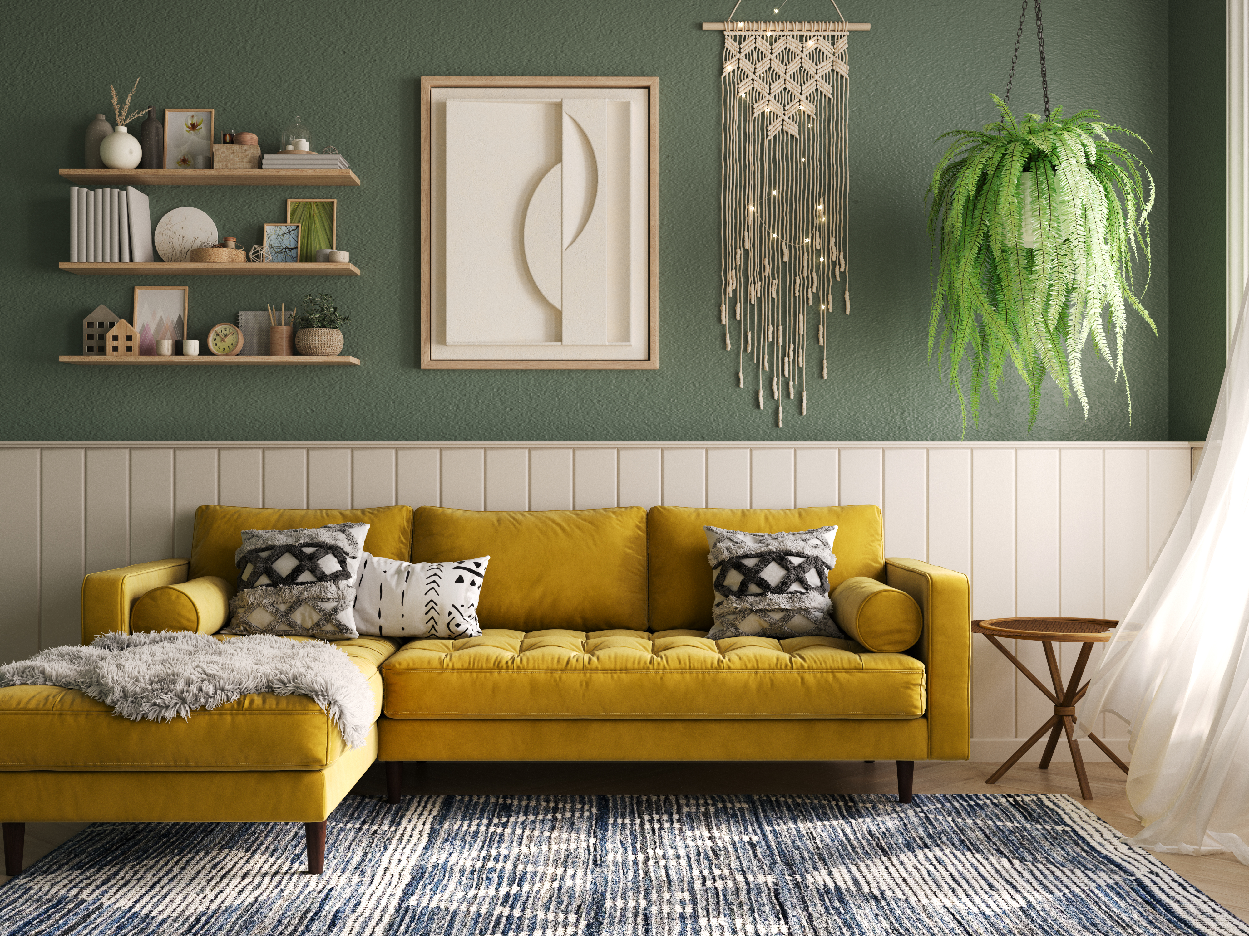 A vintage living room with a rug