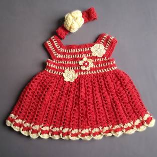 Crochet Babykleid in rot und gelb mit Stirnband