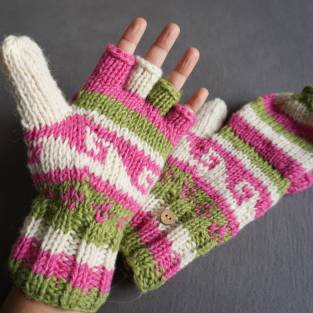 Hübsche Handschuhe mit Wellenmustern Pink & Olive