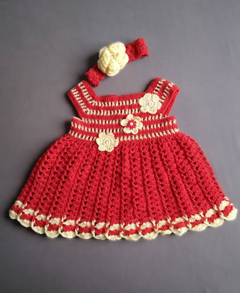 Crochet Babykleid in rot und gelb mit Stirnband