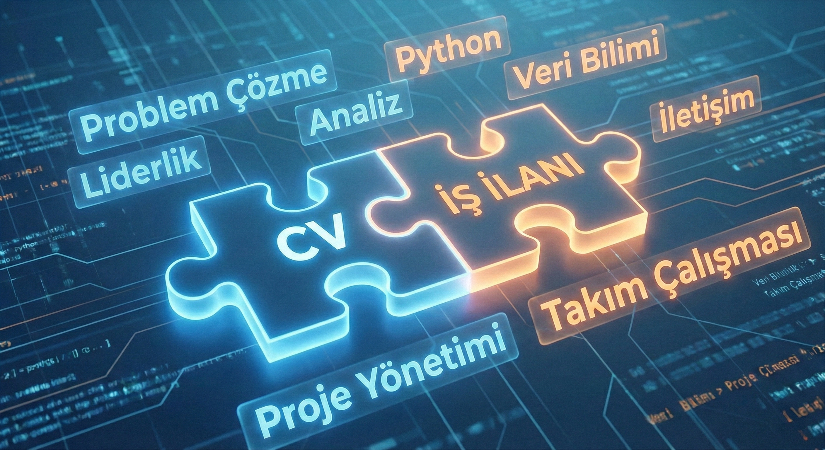 Bir yapboz parçası şeklindeki CV'nin iş ilanı boşluğuna tam oturması ve etrafında uçuşan anahtar kelimeler konsepti