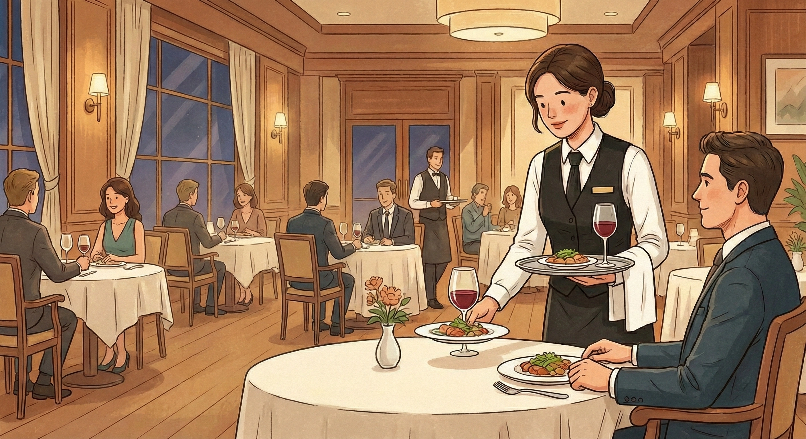 Professional restaurant setting with a waiter and CV writing concept