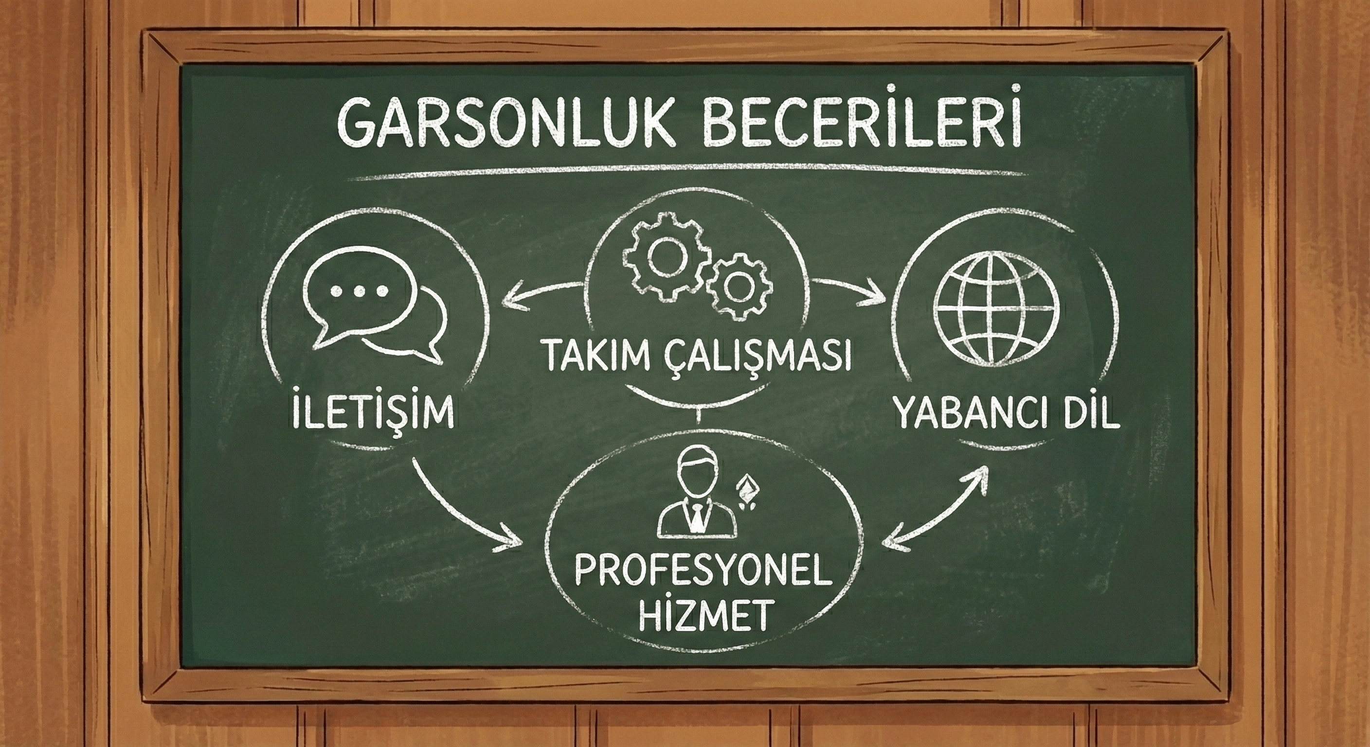 Waiter skills concept including communication, teamwork, and language ability
