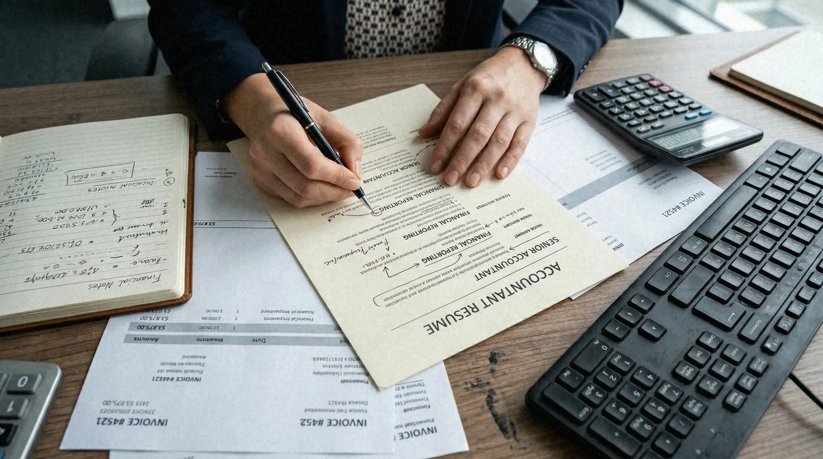 Muhasebe kayıtları, fatura evrakları ve dizüstü bilgisayar eşliğinde CV hazırlayan profesyonel aday