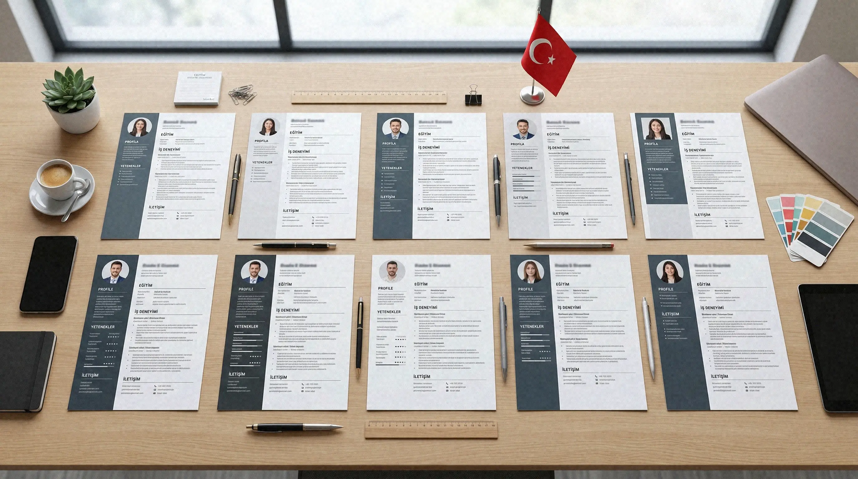 Fotoğraflı ve fotoğrafsız CV seçeneklerini karşılaştıran modern masa düzeni