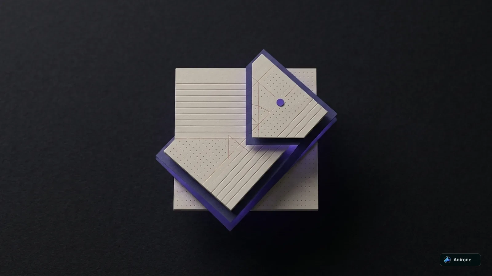 Tactile debossed paper layers with embossed ruled lines and dot matrix pattern in deep charcoal and indigo