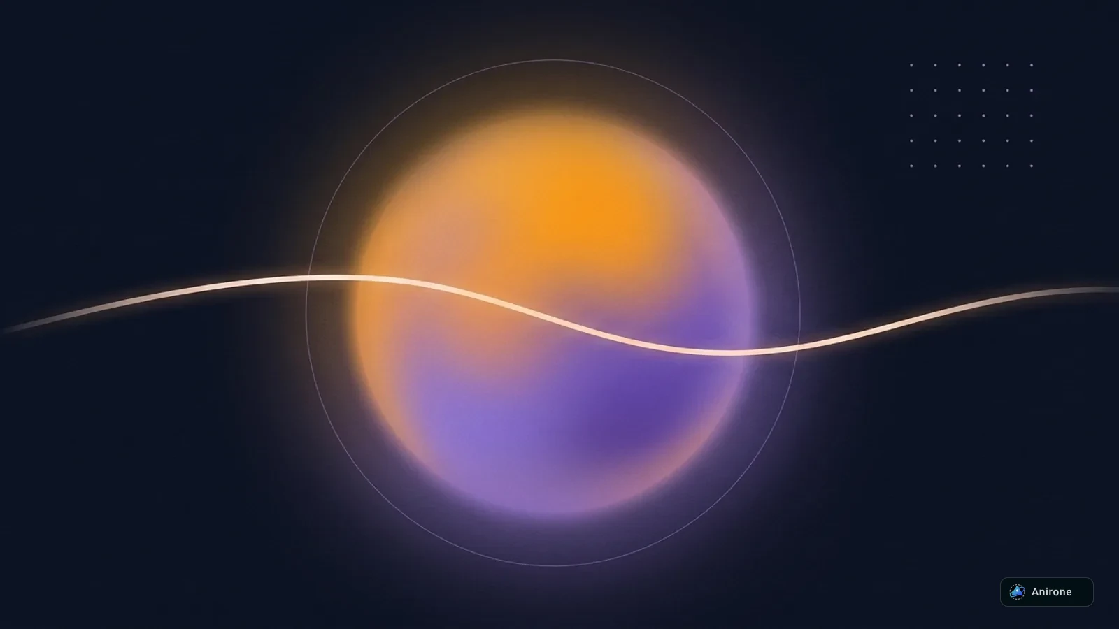 Atmospheric glowing amber and violet orb with an unbroken luminous flow ribbon