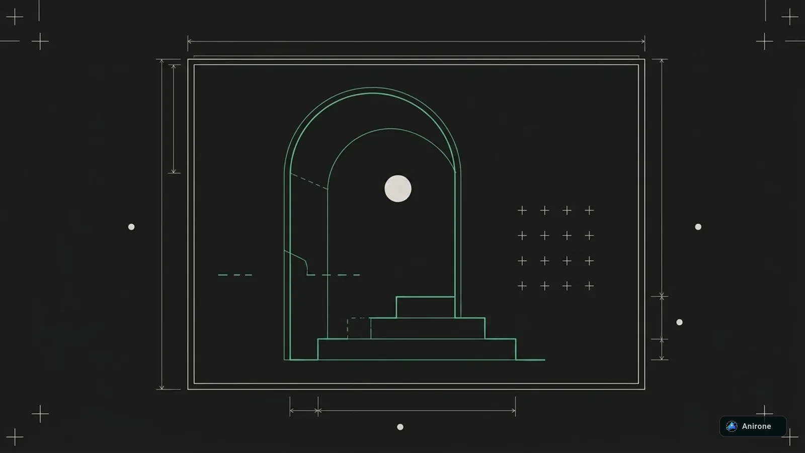 Technical architectural blueprint line art of nested document viewport framing with dimension guides and margin crop marks
