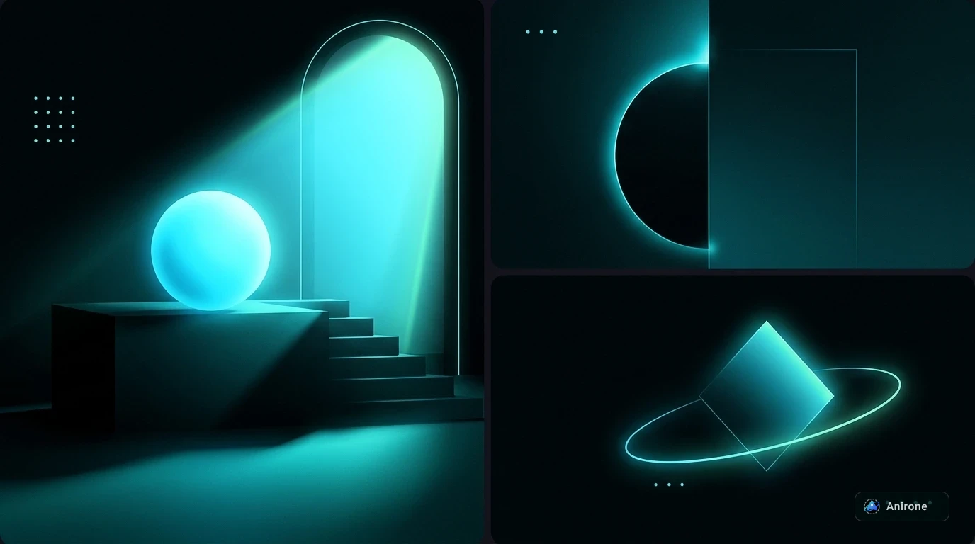 Minimalist 3D geometric composition with glowing cyan illumination, arch portal, and floating geometric primitives on dark obsidian background
