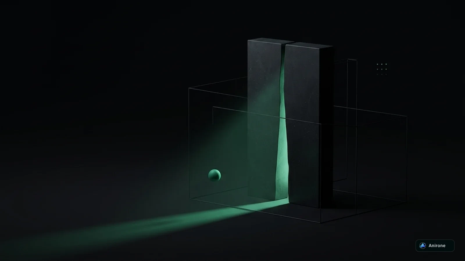 Abstract glass architecture floating over a dark studio space, representing computation confined to the browser sandbox
