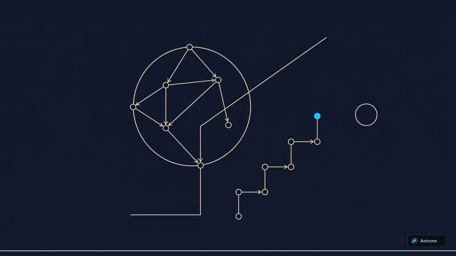 Minimalist hairline line art DAG network with coordinate vertices and electric cyan accent node