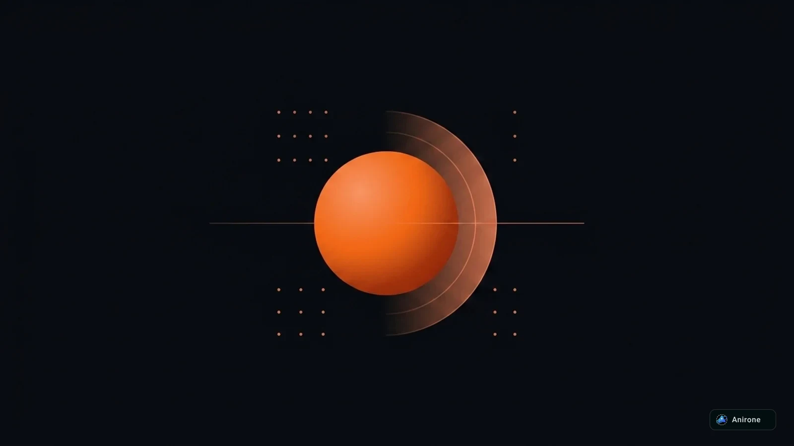 Minimalist geometric focal sphere and harmonic arc in coral amber and terracotta on midnight charcoal