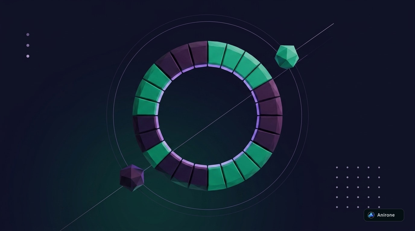 Geometric abstraction of a segmented circular ring buffer and synchronizing pointer nodes in teal and violet