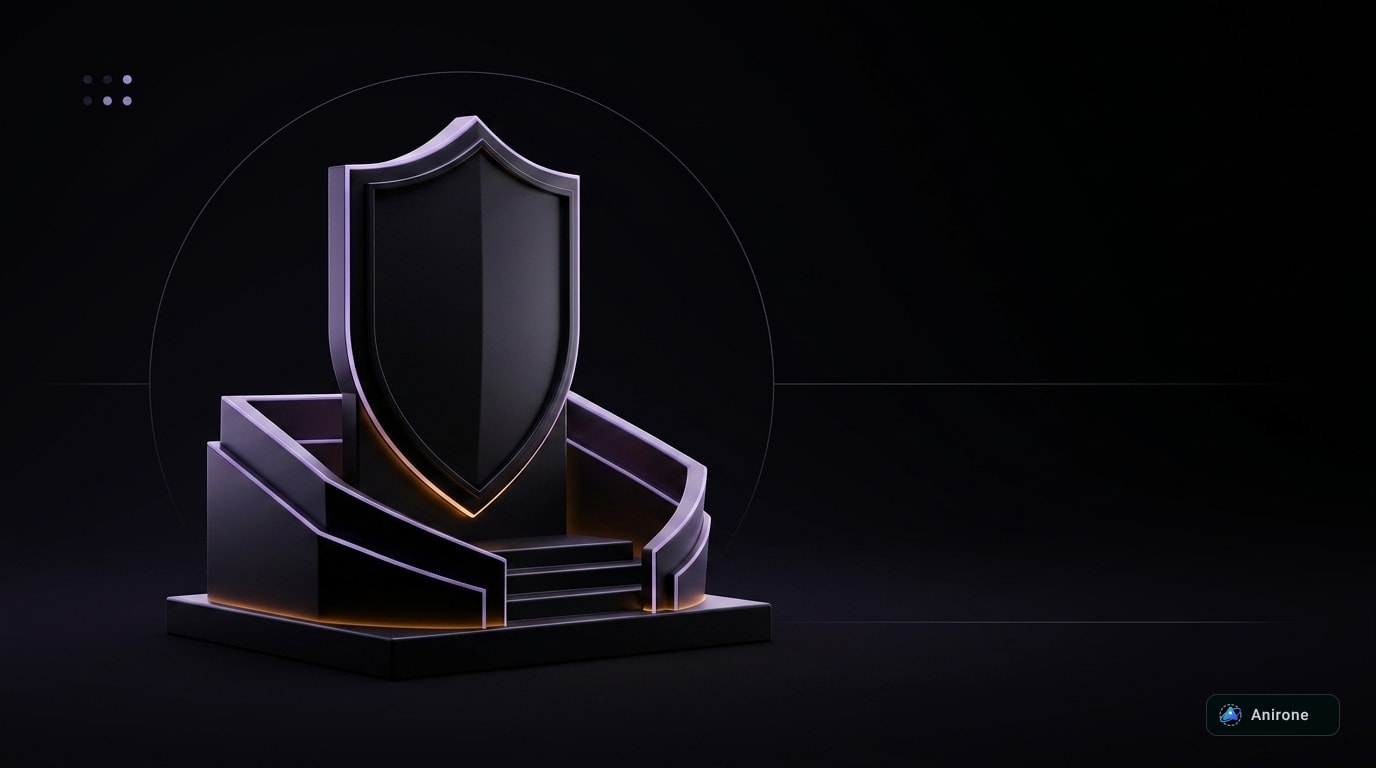Minimalist dark 3D sovereign shield monolith with lavender and amber rim lighting on stepped plinth