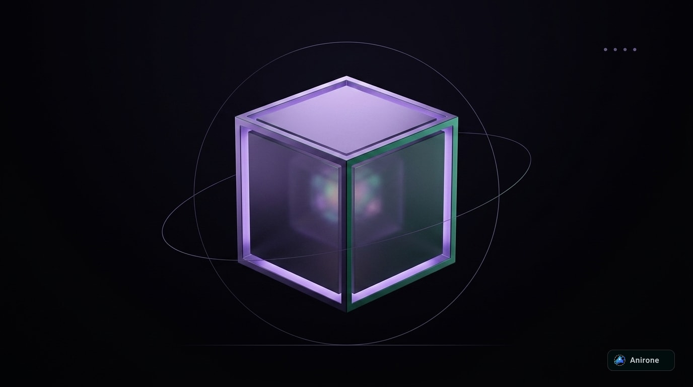 Minimalist dark 3D sovereign core monolith cube with emerald and lavender rim lighting