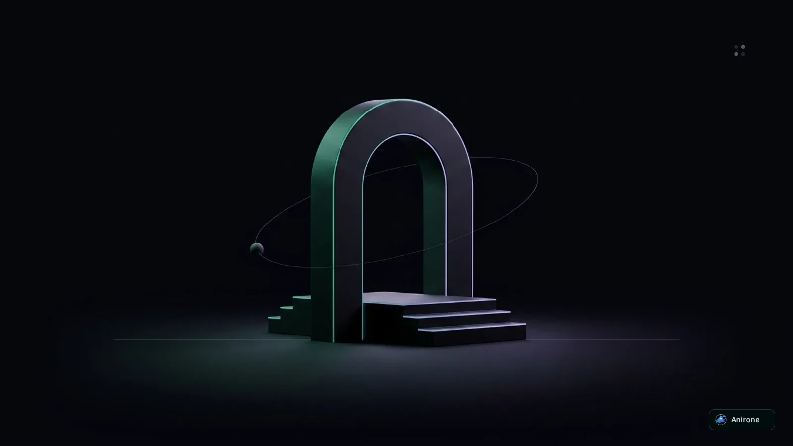 Minimalist dark 3D architectural arch portal with stepped plinth and sovereign emerald perimeter lighting