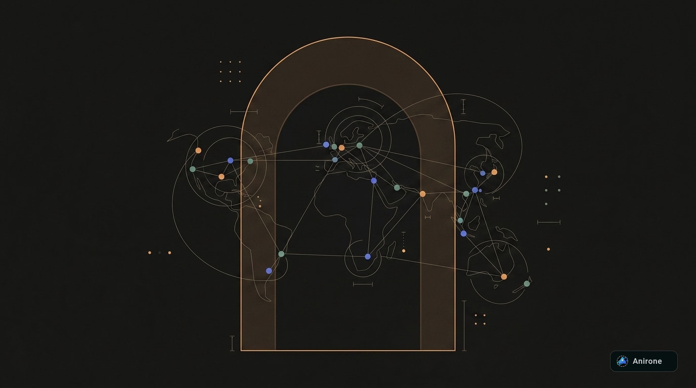 Architectural blueprint technical line art of distributed global edge CDN topology network