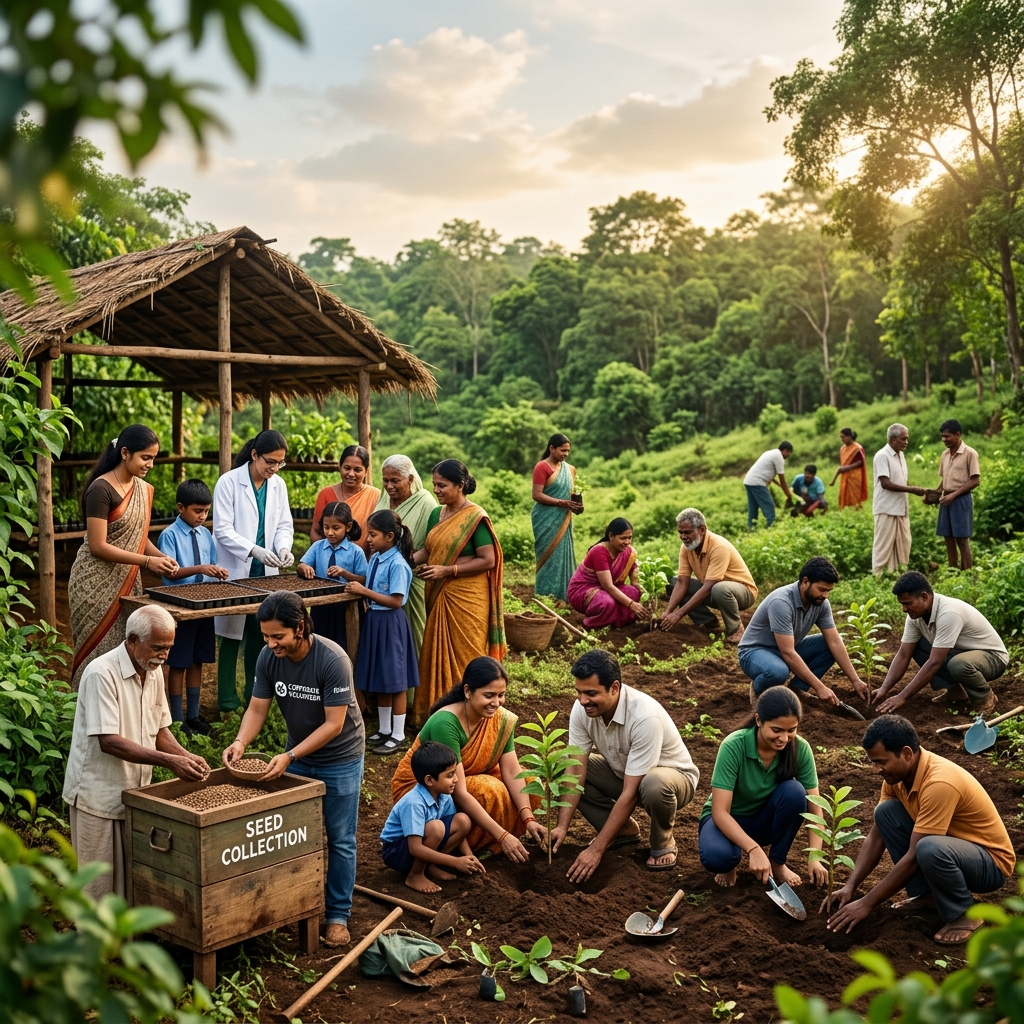 Indian family placing seeds into Seed Box at home