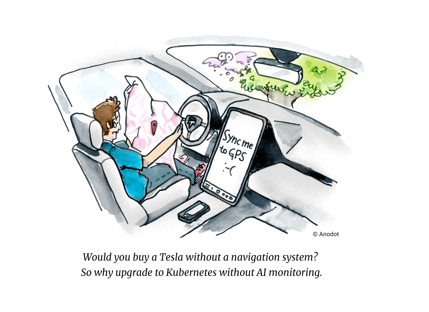 A cartoon comparing a Tesla car to Kubernetes