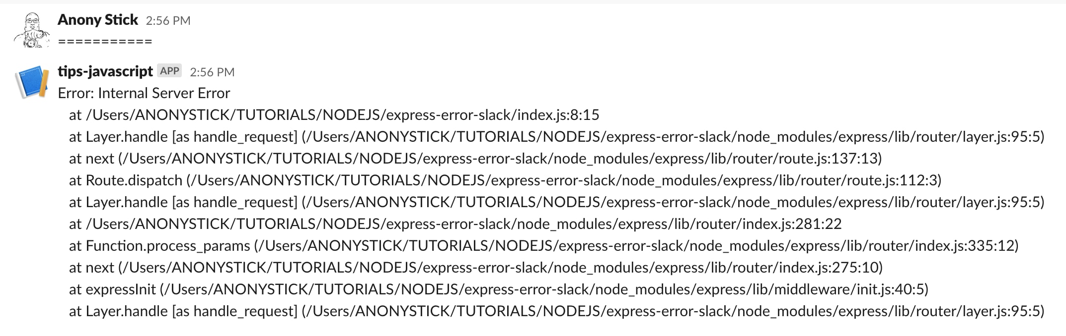 tracking log use express slack