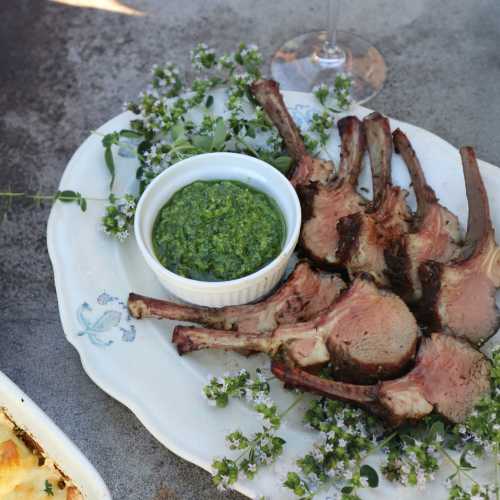 Lammracks med örtdipp och potatisgratäng.