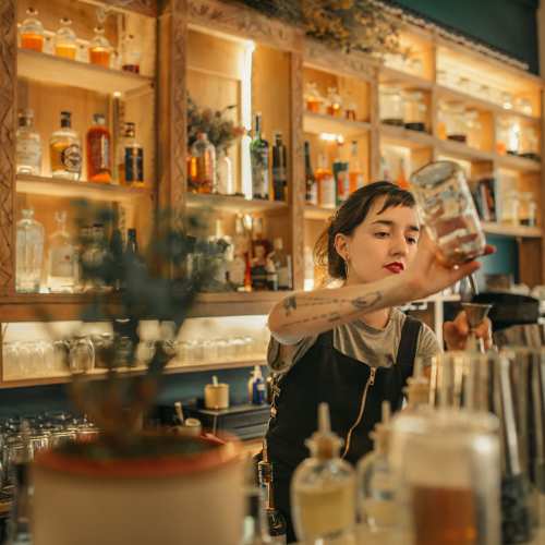 Kvinnlig bartender häller upp cocktail