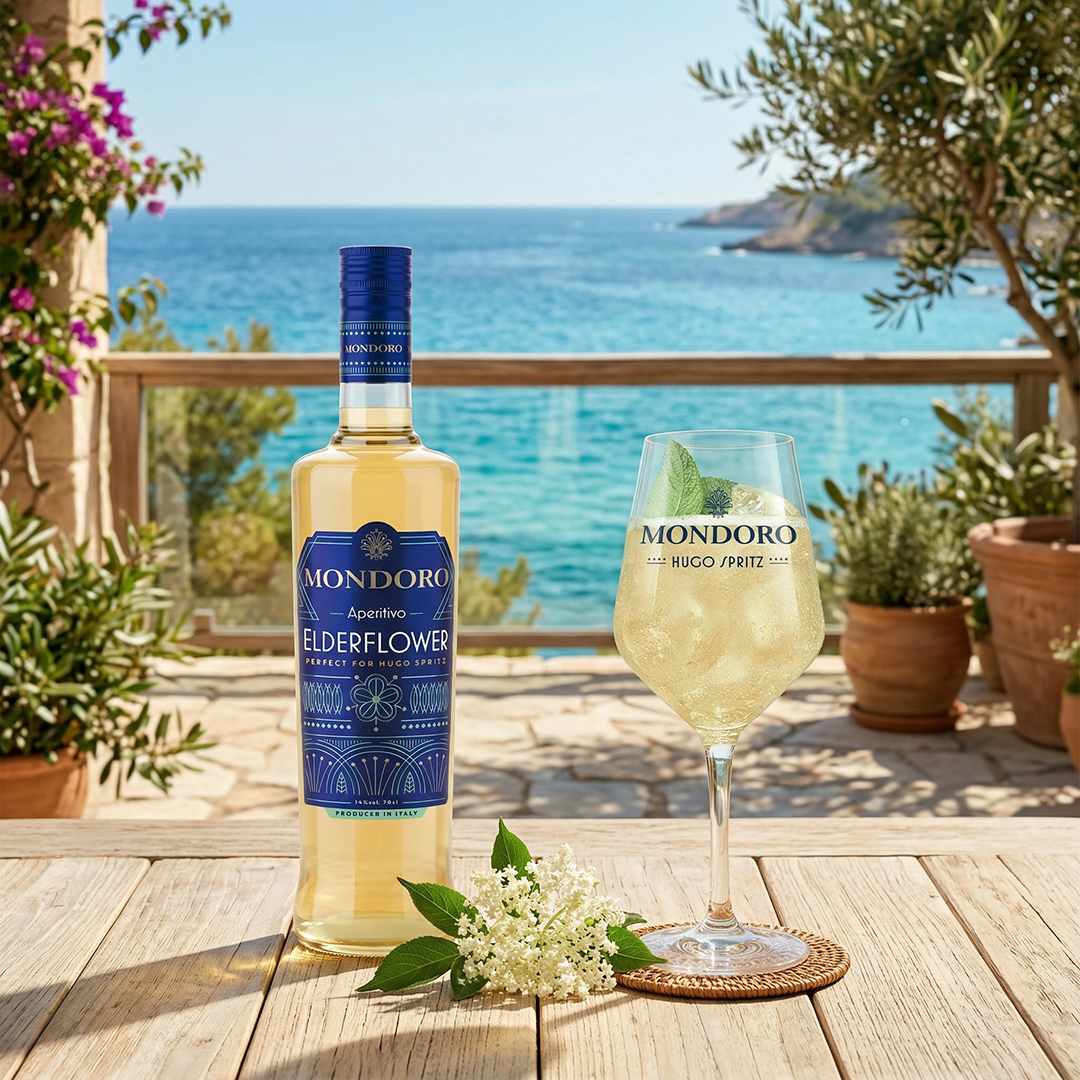 Klaasitäis jääkülma Hugo Spritz kokteili värske piparmündi ja laimiga päikeselisel terrassil.