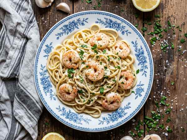 Pasta med räkor och vitlök.