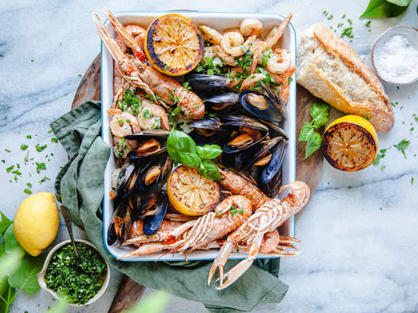 grillade skaldjur i form 