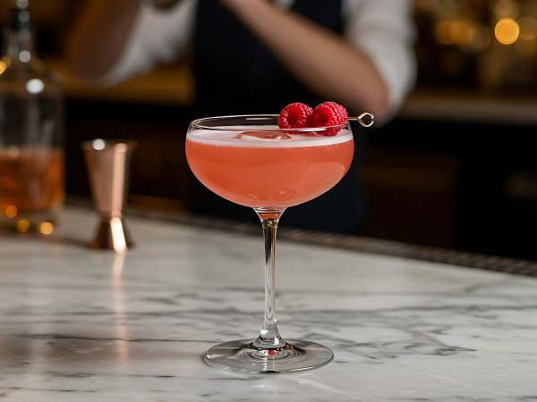 Cocktailen Clover Club på en bardisk.