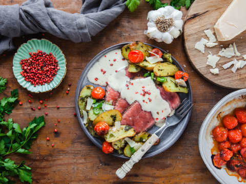 Grillad picanha med potatissallad.