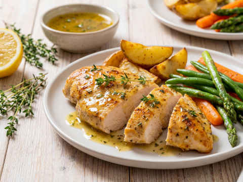 Kyckling i ugn med vitlök, citron och timjan, på tallrik med haricots verts och potatis.