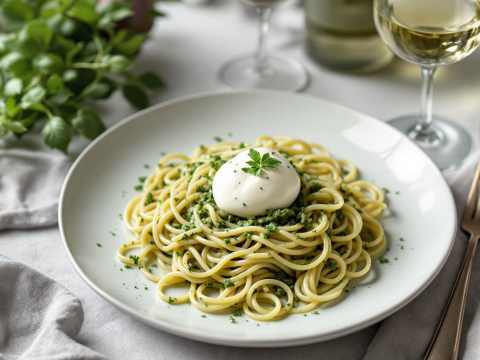 Pasta Pesto med burrata.